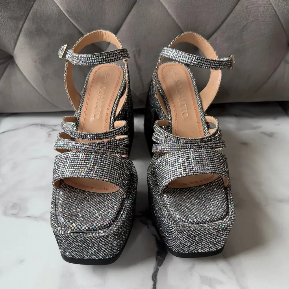 Nodaleto Disco Silver Glitter Platform Heels Size EU 38